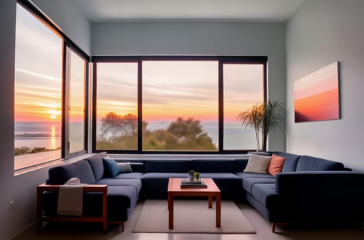 Beautiful modern living room interior at sunset through large panoramic windows. Generative AI