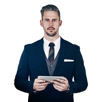 Keeping my business tasks digitized. Studio portrait of a businessman using a digital tablet against a white background
