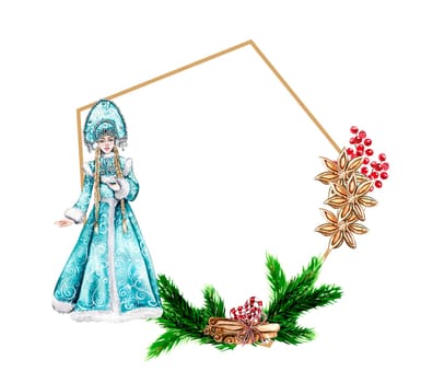 Christmas frame with fir branches and Snow maiden girl in blue dress.Watercolor hand drawn illustration for invitations, greeting cards, prints, packaging and more. Merry christmas and happy new year.