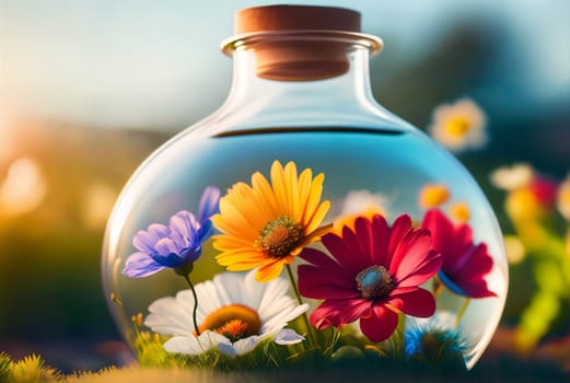 Natural colorful wild flowers growing in a closed glass bottle or jar outside on the grass on a sunny day. Botanical terrarium with its own ecosystem. Ecological idea to save the Earth. Generative AI