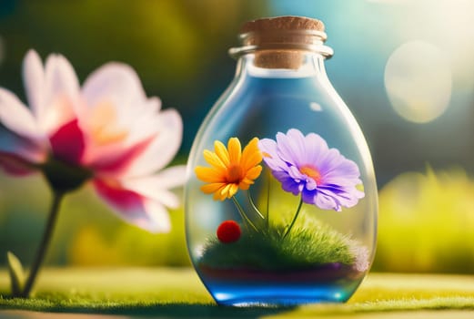 Natural flowers growing in a glass bottle or jar outside on the grass on a sunny day. Botanical terrarium with its own ecosystem. The concept of air pollution and environmental ecology. Generative AI