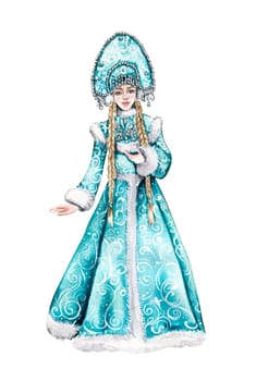 The Snow Maiden in a christmas dress. Watercolor illustration. Snow Maiden, fabulous winter Russian girl, granddaughter of Russian Santa Claus, watercolor portrait in a cold blue winter colors.