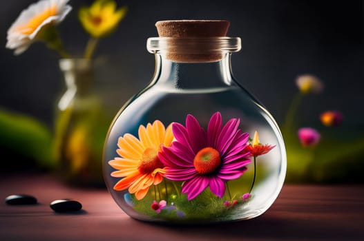 Natural flowers grow in a glass bottle or jar outside on the grass. Dramatic light. Botanical terrarium with its own ecosystem. The concept of air pollution and environmental ecology. Generative AI