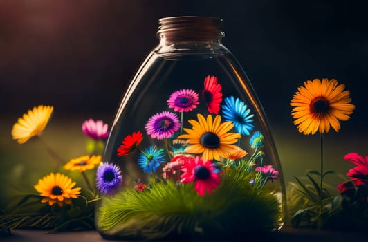 Natural colorful wildflowers growing in a closed glass bottle or jar outside on the grass. Dramatic light. Botanical terrarium with its own ecosystem. Ecological idea to save the Earth. Generative AI