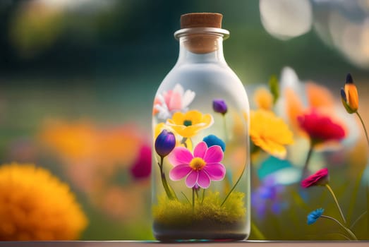 Natural colorful wildflowers growing in a closed glass bottle or jar outside on the grass. Dramatic light. Botanical terrarium with its own ecosystem. Ecological idea to save the Earth. Generative AI