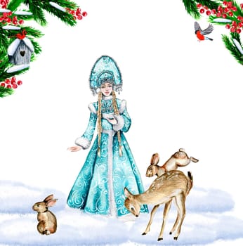 Composition for Christmas with Snow Maiden in a blue dress.. Gifts, cupcake, cake,cookies,fir branches.Watercolor hand drawn illustration. Winter holiday.