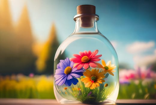 Natural flowers growing in a glass bottle or jar outside on the grass on a sunny day. Botanical terrarium with its own ecosystem. The concept of air pollution and environmental ecology. Generative AI