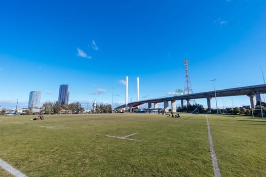 MELBOURNE, AUSTRALIA - JUNE 25: Ron Barrasi Snr Park in Docklands on a cold winter's day on June 25th 2022