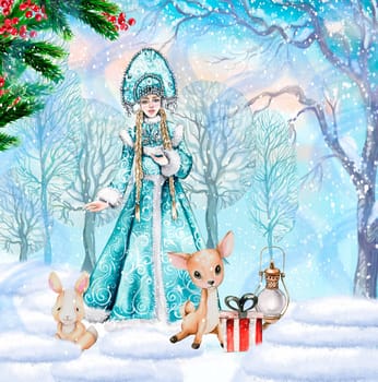 Composition for Christmas with Snow Maiden in a blue dress.. Gifts, cupcake, cake,cookies,fir branches.Watercolor hand drawn illustration. Winter holiday.