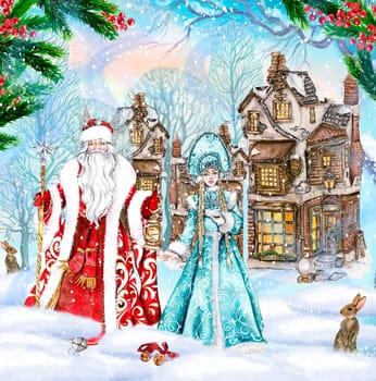 Composition of Santa Claus with Christmas stick,long whitу beard and lamp in hands in Red coat with white ornament and Snow Maiden in a blue dress with castle behind