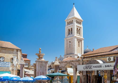 Jerusalem, Israel - July 24, 2019: Muristan square in Old City on the site of Knights Hospitaller hospital founded in 1023 to provide care for sick or injured pilgrims in Jerusalem.