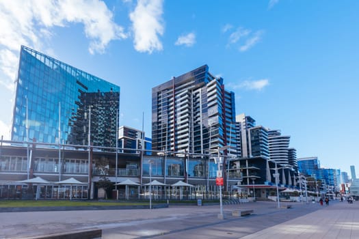 MELBOURNE, AUSTRALIA - JUNE 25: The famous Melbourne skyline from Docklands precinct on a cold winter's day on June 25th 2022