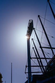 MELBOURNE, AUSTRALIA - OCTOBER 31 2021: Light tower abstract detail of Melbourne Cricket Ground stadium in Melbourne, Victoria, Australia.