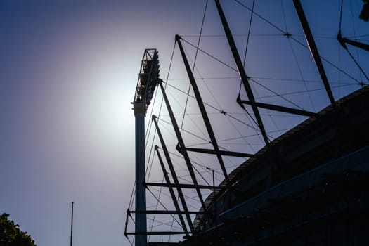 MELBOURNE, AUSTRALIA - OCTOBER 31 2021: Light tower abstract detail of Melbourne Cricket Ground stadium in Melbourne, Victoria, Australia.
