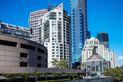 MELBOURNE, AUSTRALIA - OCTOBER 31, 2021: Building and architecture detail in Melbourne CBD from Southbank in Melbourne, Victoria, Australia
