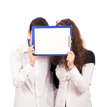 schoolchildren and blank tablet. schoolchildren, a girl and a boy are holding a tablet with a blank page, space for text