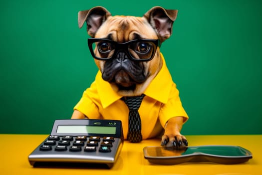 technology dog humor business mathematic white pet funny portrait yellow education finance computer investment worker background animal holding datum financial calculator. Generative AI.