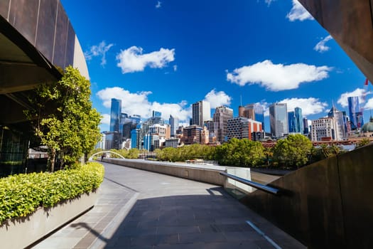 MELBOURNE, AUSTRALIA - OCTOBER 31, 2021: Views towards Melbourne CBD and Southbank along the Yarra River in Melbourne, Victoria, Australia