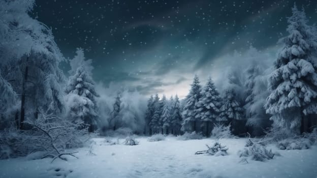 nature sky new tree background holiday christmas celebration white snowfall pine forest star season year freeze frost winter seasonal fir blue snow. Generative AI.