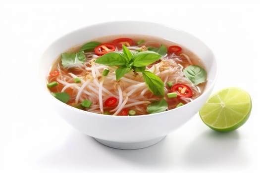 white on space food isolated asian rare noodle dish top broth basil background hot isolated meal traditional bowl cuisine lunch copy white soup meat. Generative AI.