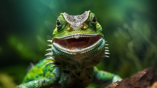 reptile portrait crawling tropical isolated iguana green lizard green lizzard colorful jungle outdoor close-up animal glasses wildlife wild iguana posing scale. Generative AI.
