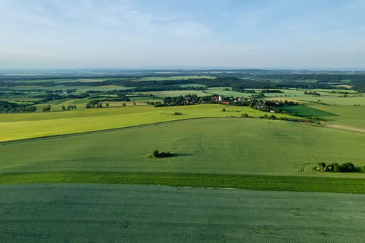 Picturesque rural landscape unfolds beneath, with vast fields young green wheat swaying gently in breeze.