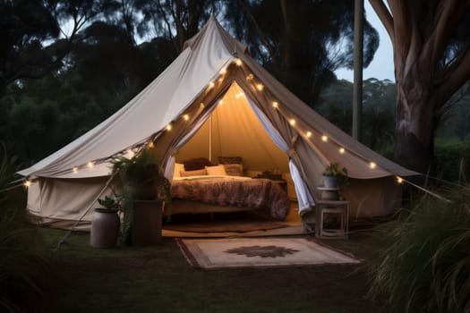 architecture sky glamping forest nature relax beautiful vacation leisure romantic camping light wood travel luxury tent canvas outside lounge comfort. Generative AI.