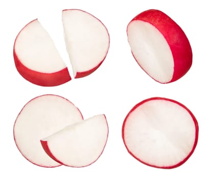 Radish slices isolated on white background. Many radish slices fall at different angles on a white background. The concept of the season of vegetables and the preparation of delicious, healthy food