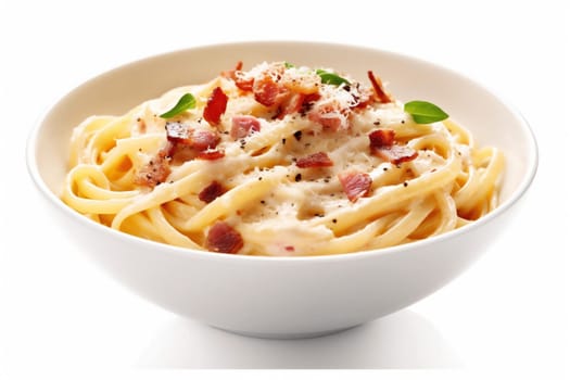 background copy isolated food meat plate spaghetti parmesan lunch pork cooking bacon pepper ham cheese italian space tasty carbonara white fettuccine pasta. Generative AI.