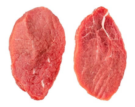 Two pieces of beef meat. Large pieces of beef with thin layers of fat, isolated on a white background. The texture of beef meat close-up, for inserting into a design, project or advertising banner