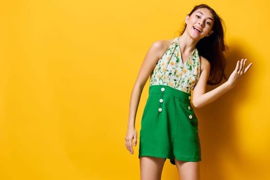 brunette woman style studio trendy happy young smile stylish fashion vacation expression person trend charming happiness beauty beautiful yellow emotion girl