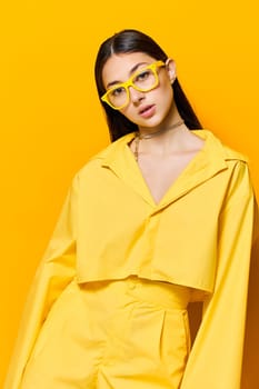 woman girl emotion lovely attractive expression yellow model caucasian outfit happy fashion cheerful positive beautiful glasses pretty smile trendy young lifestyle