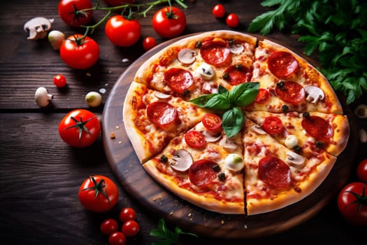 crust pepper top background space delicious red cheese fast food closeup top mozzarella copy italian pizza meal rustic view italy black food lunch tomato. Generative AI.