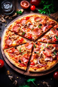 italy salami hot copy traditional crust food background fast delicious black space slice lunch sauce table food tomato italian closeup cheese meal pizza. Generative AI.