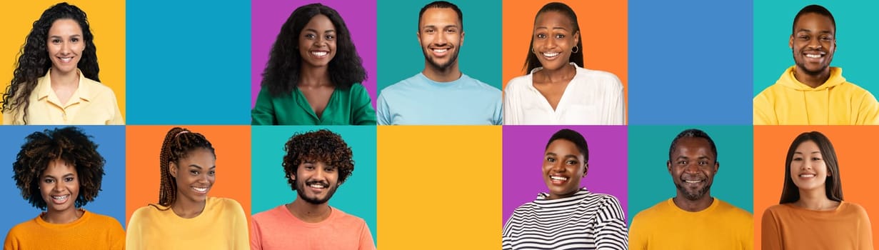 Portrait of young black, indian, arab people on colorful studio background, enjoy perfect teeth and meeting, with blank space for ad and offer, panorama, collage. Emotions, lifestyle