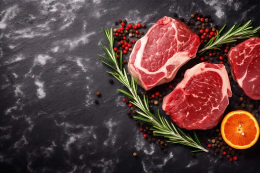 red herb meat dark pepper preparation steak fresh roast cooking beef background food rosemary salt grill fried grilled raw chop board. Generative AI.