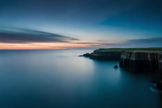 Moonlight in ocean landscape. The ocean stretches out as far as the eye can see, its surface a canvas of deep, midnight blue. AI generated image