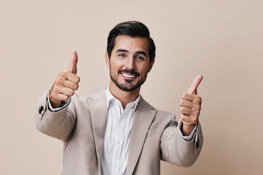 man beige suit posing grey portrait business copyspace successful tie corporate smiling folded happy professional arm stylish sexy businessman handsome isolated