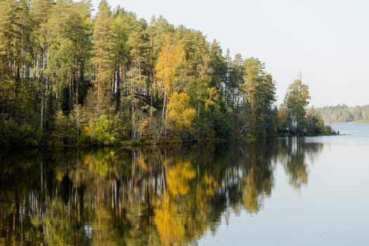 Autumn lake on dark background. Cloudy sky over autumn lake