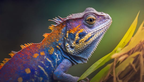 Colorful iguana close-up macro portrait photo. Vivid bright colors skin.Posing for the camera, beautiful natural wildlife. download photo