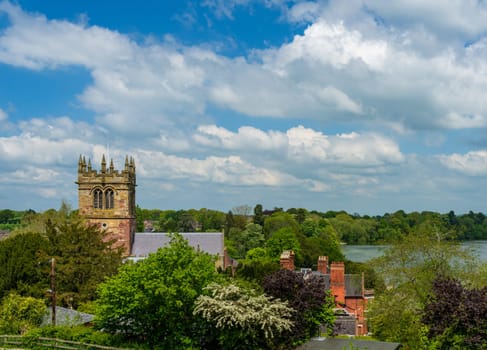Tower of parish church of St Mary in Ellesmere Shropshire from the Motte