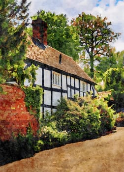 Digital watercolor painting of old timber framed home with flowering shrubs in Ellesmere Shropshire