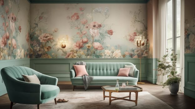 Interior of light living room with comfortable sofa. Ai generative