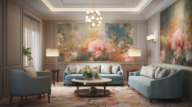 New design grey living room with colorful details and window