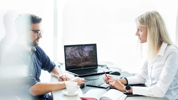 Business meeting. Client consulting. Confident business woman, real estate agent, financial advisor explaining details of project or financial product to client in office