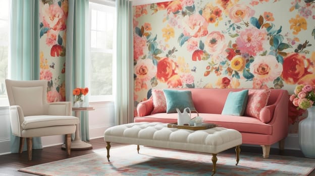 Interior of light living room with comfortable sofa. Ai generative