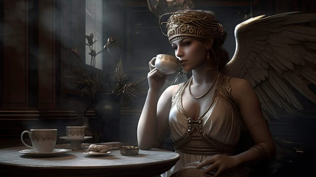 Goddess Hypnos drinking coffee. ai generative.