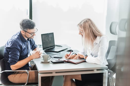 Business meeting. Client consulting. Confident business woman, real estate agent, financial advisor explaining details of project or financial product to client in office