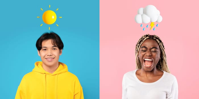 Creative Collage For Human Emotions Concept With Happy Man And Angry Woman, Smiling Teen Asian Guy And Anxious Black Female With Weather Emojis Above Head Posing Over Colorful Backgrounds, Panorama