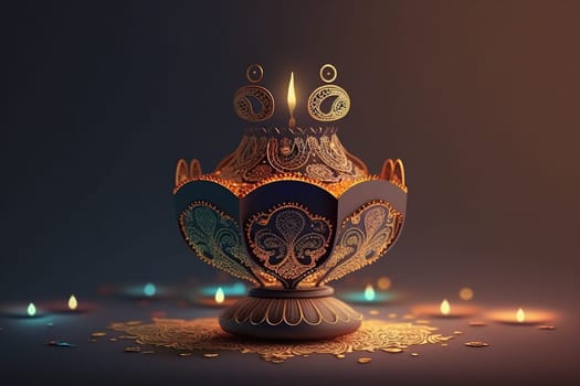 3D rendering indian lamp for diwali celebration on soft background ethereal. Colorful particle effects in the background. Gold filigree on a indian lamp. AI-generated Digital Art